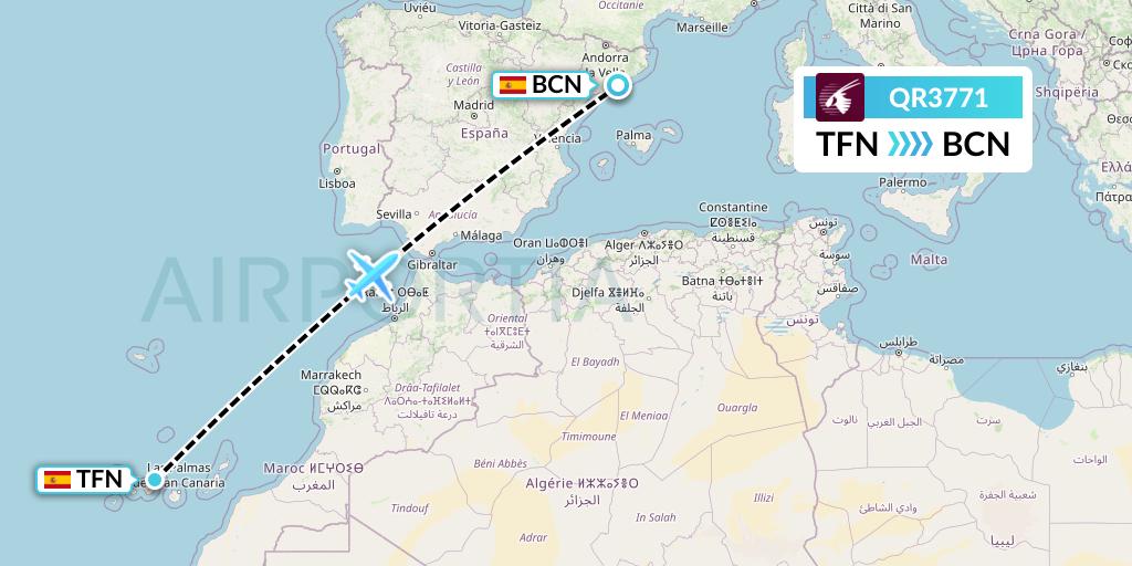 QR3771 Qatar Airways Flight Map: Tenerife to Barcelona