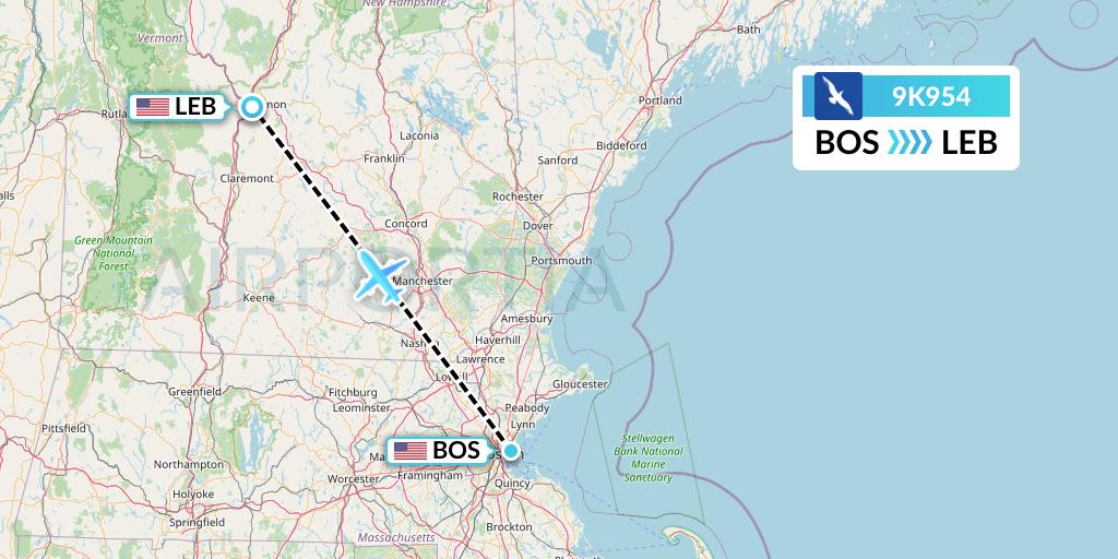 9K954 Cape Air Flight Map: Boston to Lebanon