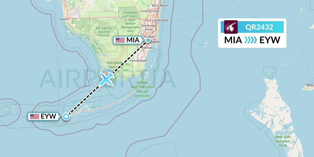 QR2432 Qatar Airways Flight Map: Miami to Key West