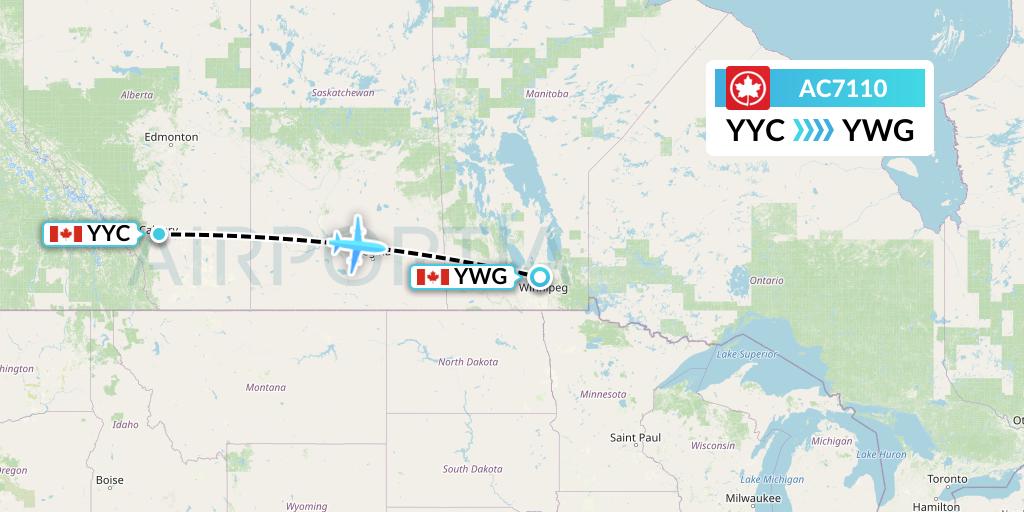 AC7110 Air Canada Flight Map: Calgary to Winnipeg