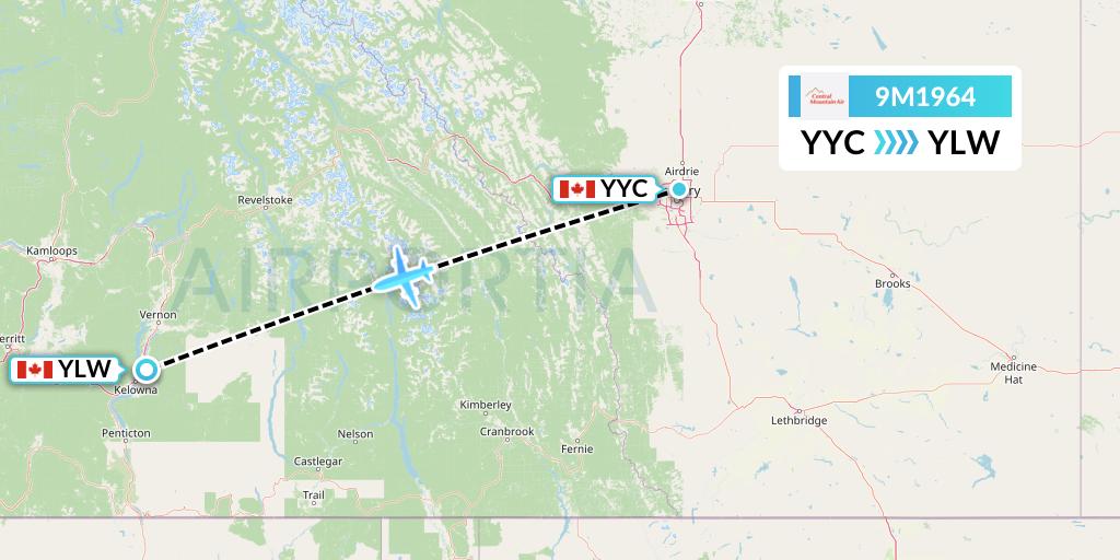 9M1964 Central Mountain Air Flight Map: Calgary to Kelowna