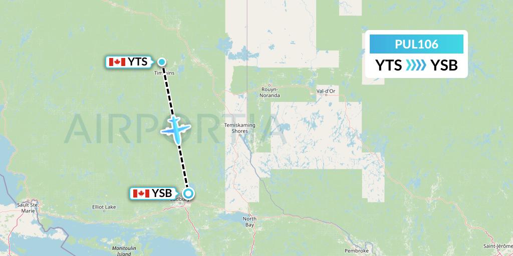 PUL106 Ornge Air Flight Map: Timmins to Sudbury