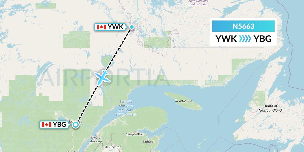 N5663 Nolinor Aviation Flight Map: Wabush to Saguenay