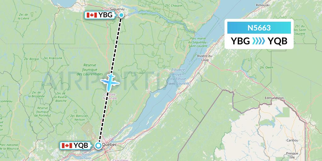 N5663 Nolinor Aviation Flight Map: Saguenay to Quebec