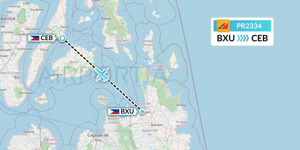 PR2334 Philippine Airlines Flight Map: Butuan to Cebu