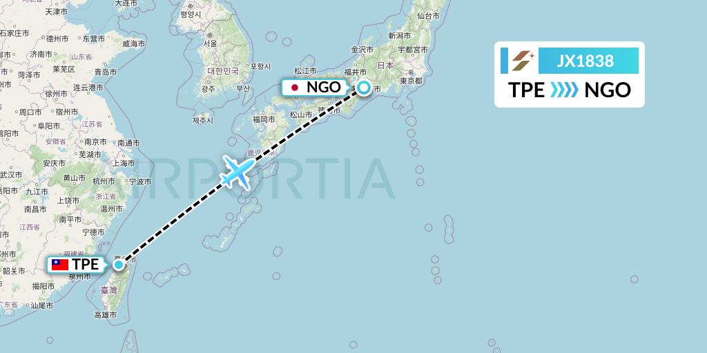 JX1838 Starlux Airlines Flight Map: Taipei to Nagoya