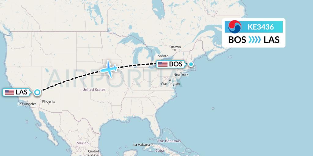 KE3436 Korean Air Flight Map: Boston to Las Vegas