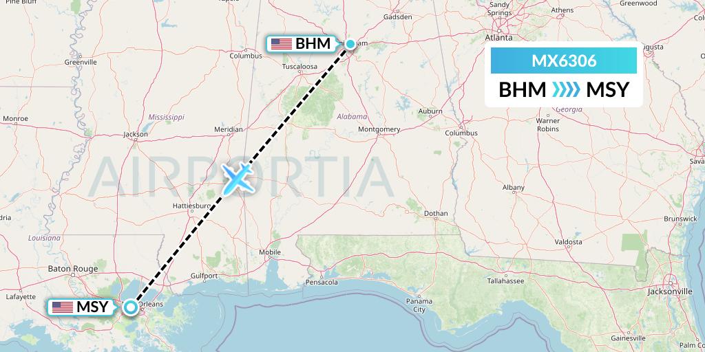 MX6306 Breeze Airways Flight Map: Birmingham to New Orleans