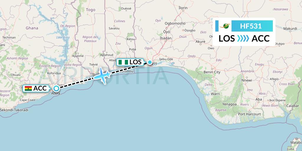 HF531 Air Cote d'Ivoire Flight Map: Lagos to Accra