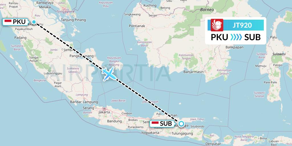 JT920 Lion Airlines Flight Map: Pekanbaru to Surabaya