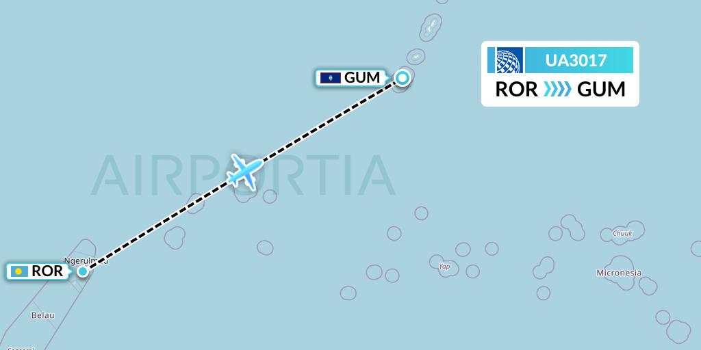UA3017 United Airlines Flight Map: Airai to Guam