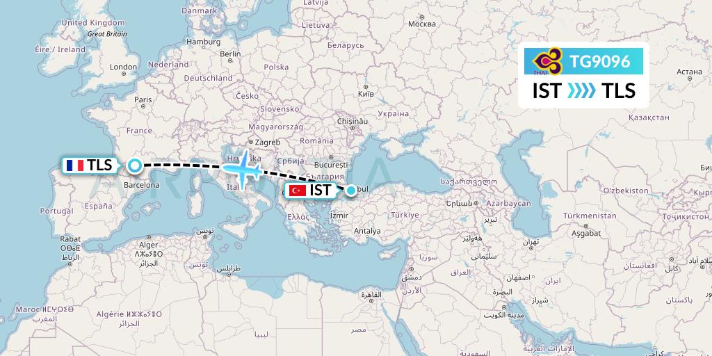 TG9096 Thai Airways Flight Map: Istanbul to Toulouse