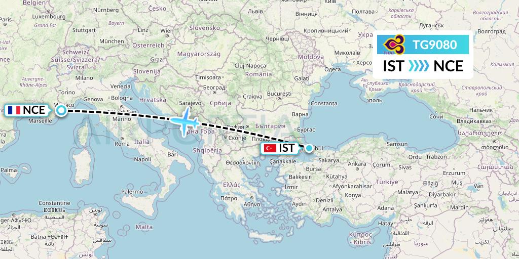 TG9080 Thai Airways Flight Map: Istanbul to Nice