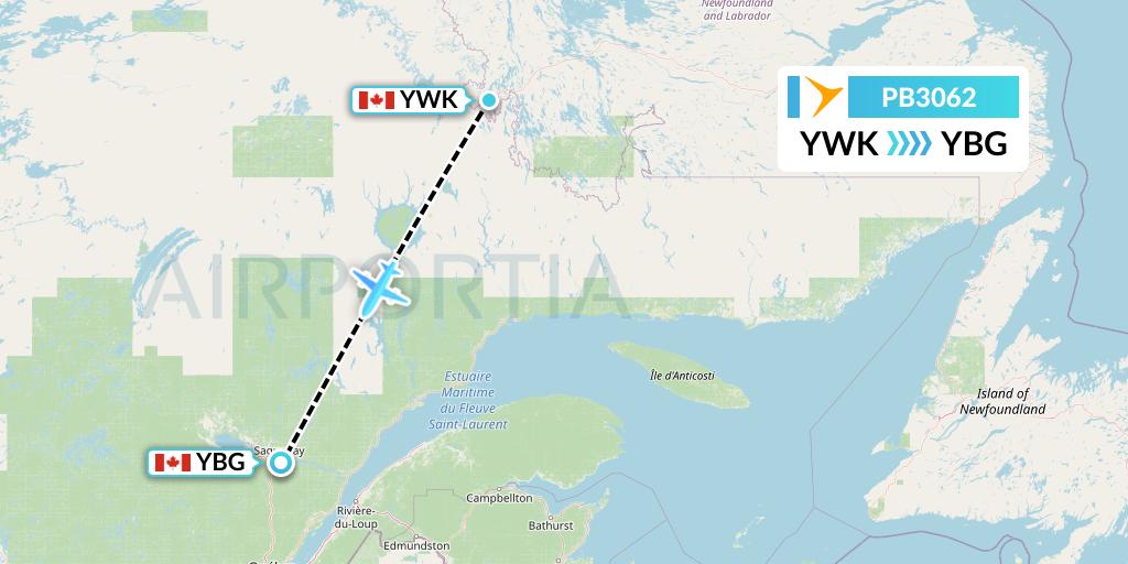 PB3062 PAL Airlines Flight Map: Wabush to Saguenay