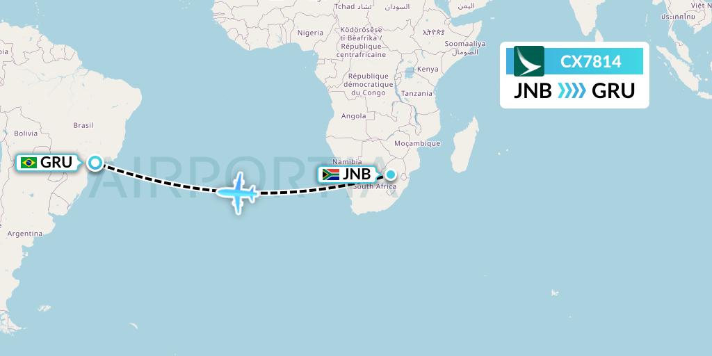 CX7814 Cathay Pacific Flight Map: Johannesburg to Sao Paulo