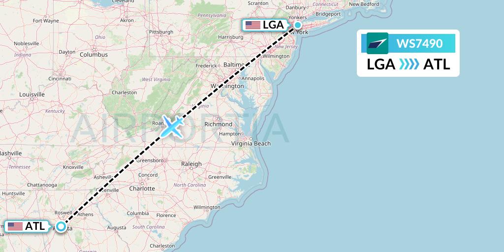 WS7490 WestJet Flight Map: New York to Atlanta