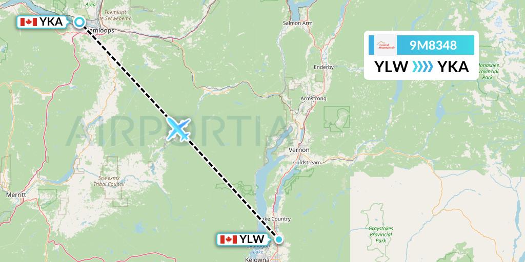 9M8348 Central Mountain Air Flight Map: Kelowna to Kamloops
