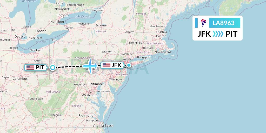 LA8963 LAN Airlines Flight Map: New York to Pittsburgh