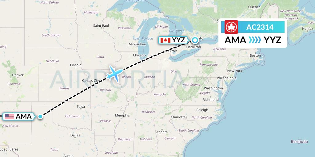 AC2314 Air Canada Flight Map: Amarillo to Toronto