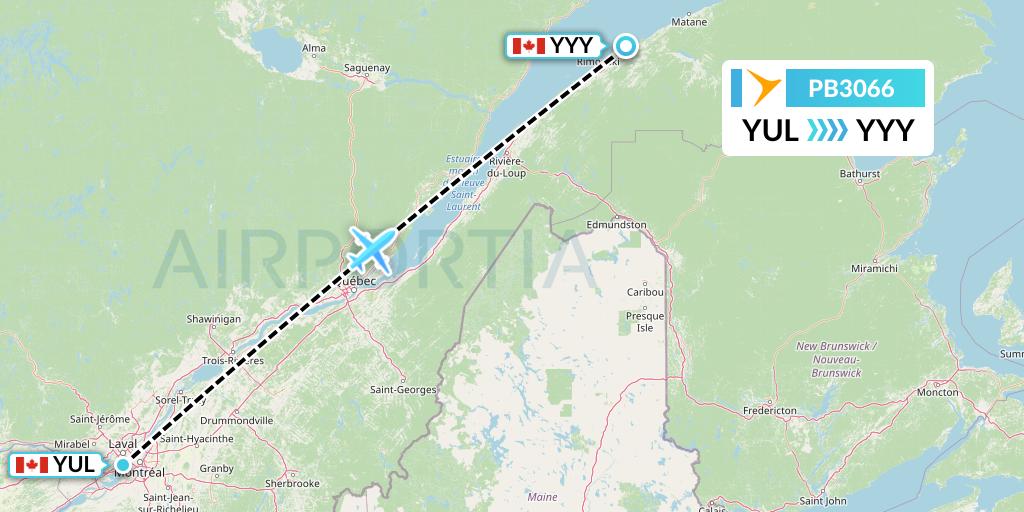 PB3066 PAL Airlines Flight Map: Montreal to Mont-Joli