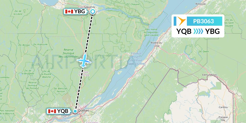 PB3063 PAL Airlines Flight Map: Quebec to Saguenay