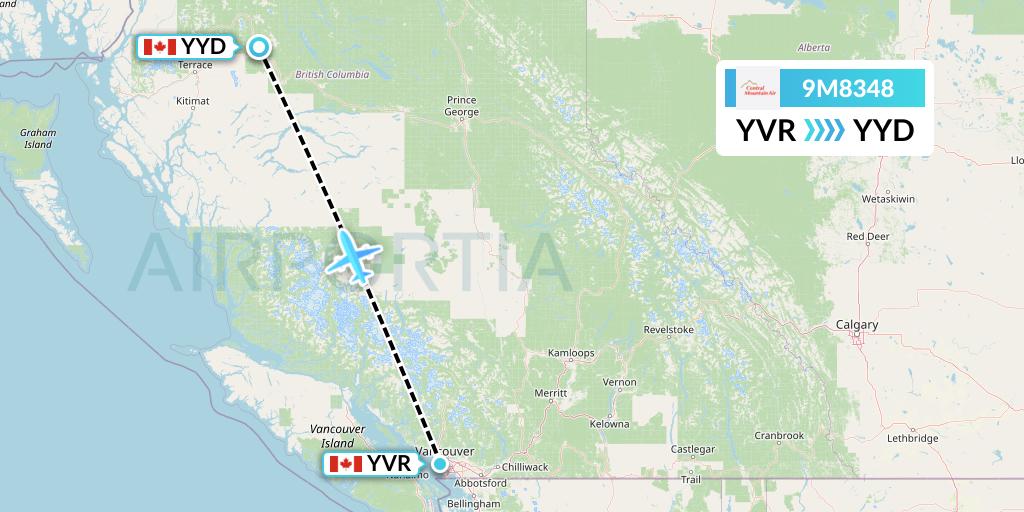 9M8348 Central Mountain Air Flight Map: Vancouver to Smithers