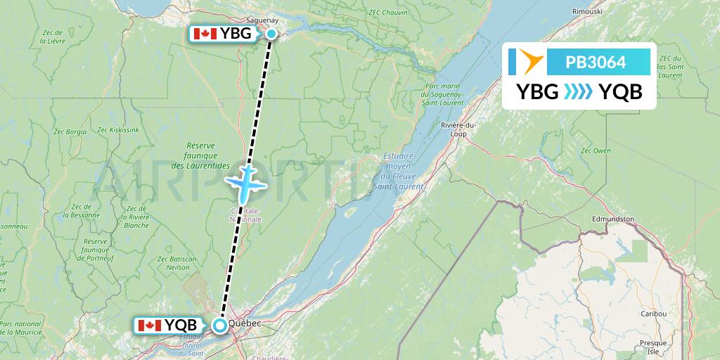 PB3064 PAL Airlines Flight Map: Saguenay to Quebec