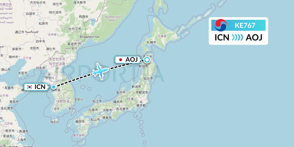 KE767 Korean Air Flight Map: Seoul to Aomori