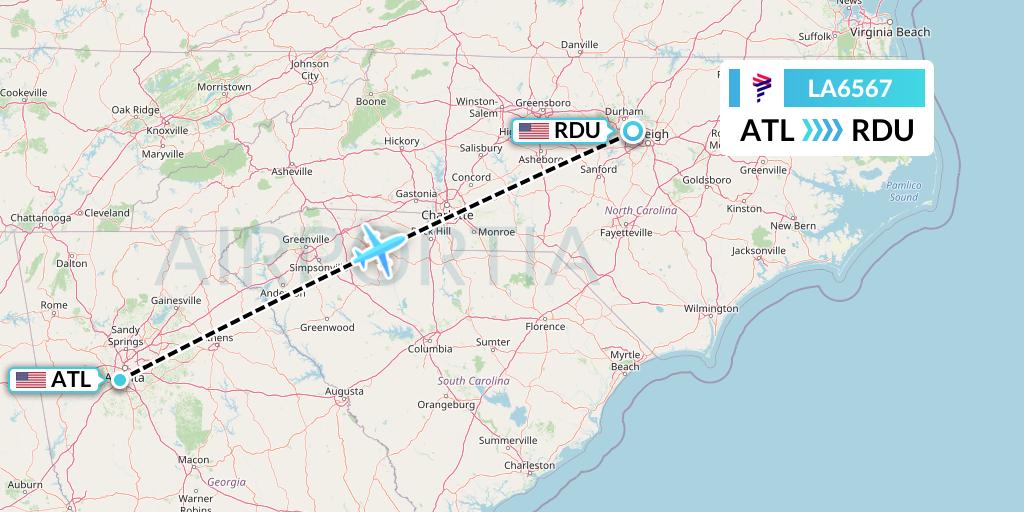 LA6567 LAN Airlines Flight Map: Atlanta to Raleigh-Durham