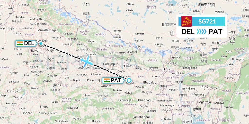 SG721 SpiceJet Flight Map: Delhi to Patna