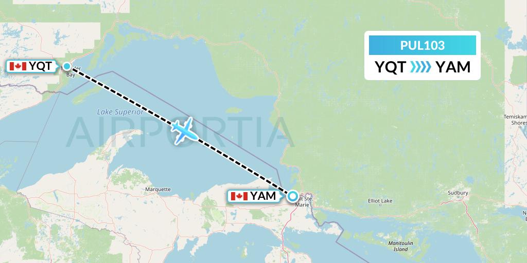 PUL103 Ornge Air Flight Map: Thunder Bay to Sault Ste. Marie