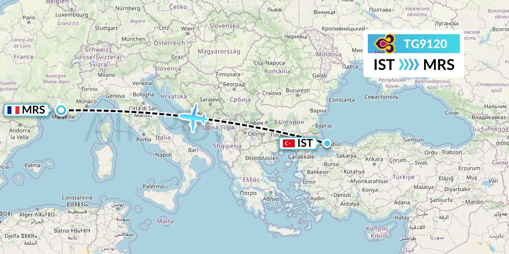 TG9120 Thai Airways Flight Map: Istanbul to Marseille