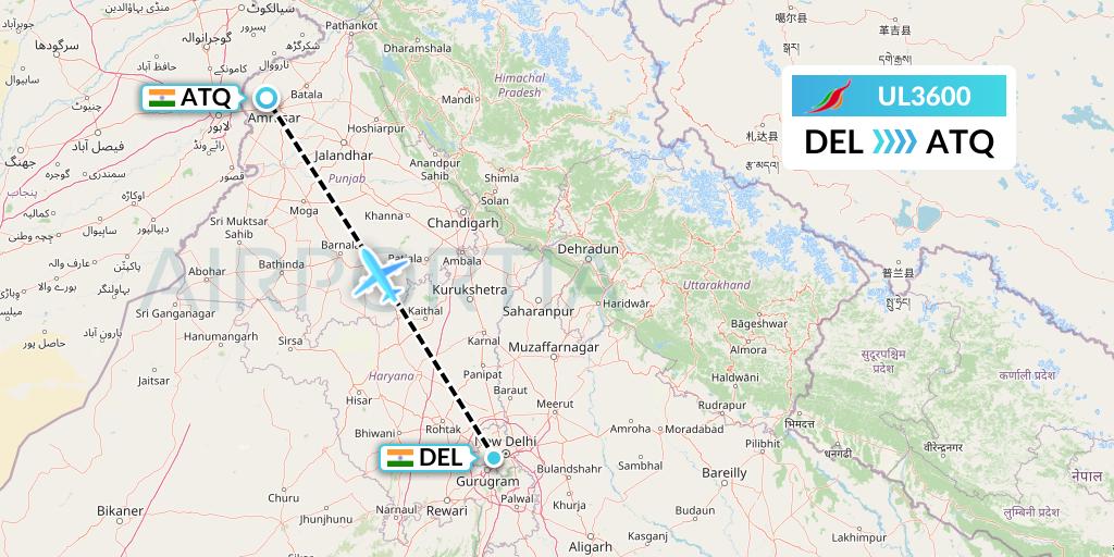 UL3600 SriLankan Airlines Flight Map: Delhi to Amritsar