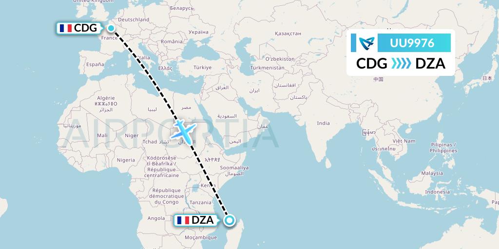 UU9976 Air Austral Flight Map: Paris to Dzaoudzi