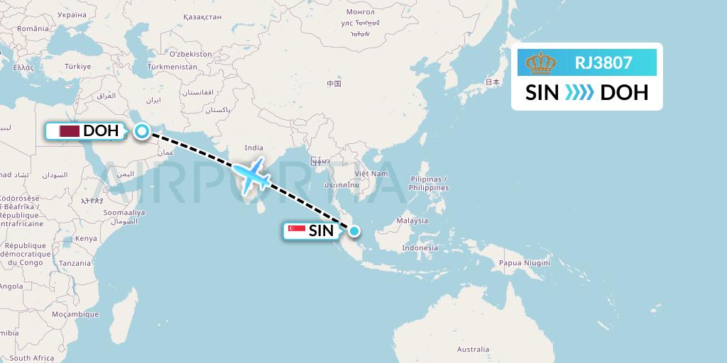 RJ3807 Royal Jordanian Flight Map: Singapore to Doha