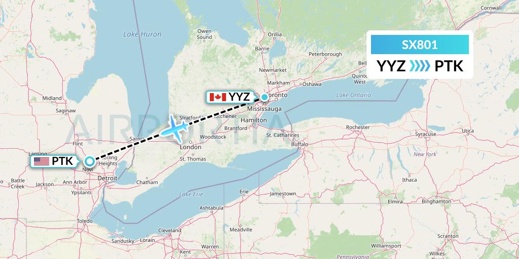 SX801 Flygta Airlines Flight Map: Toronto to Oakland County