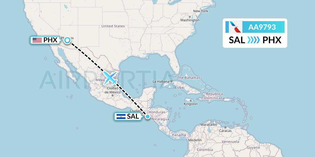 AA9793 American Airlines Flight Map: San Salvador to Phoenix