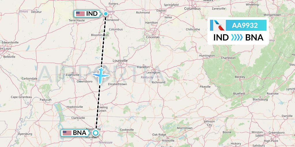 AA9932 American Airlines Flight Map: Indianapolis to Nashville
