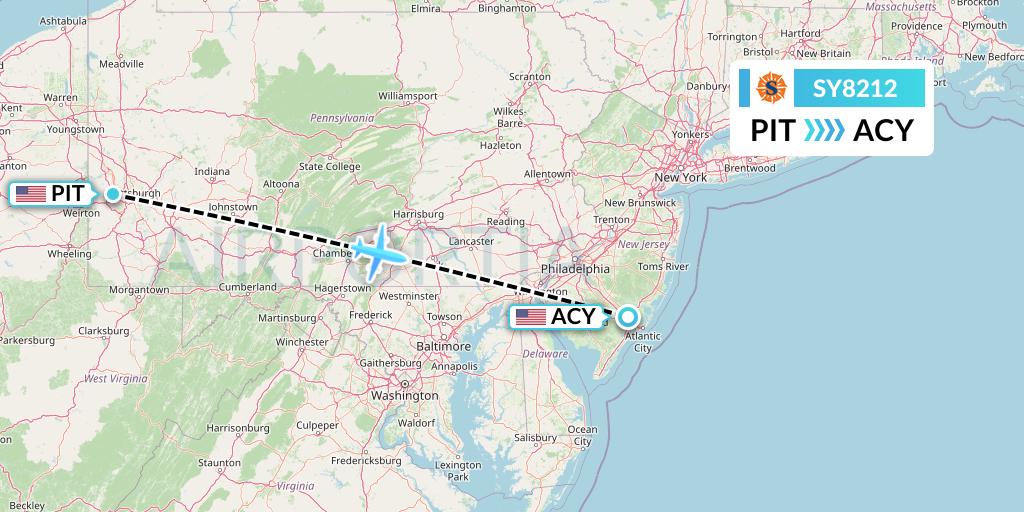SY8212 Sun Country Airlines Flight Map: Pittsburgh to Atlantic City