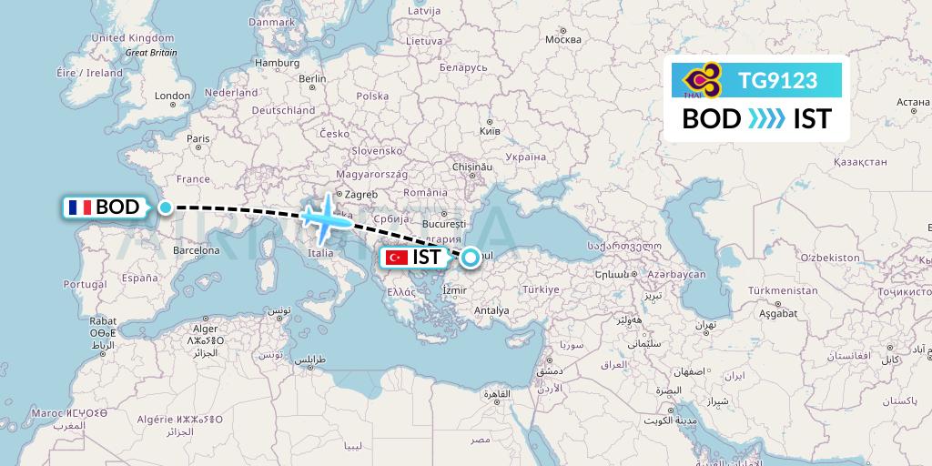 TG9123 Thai Airways Flight Map: Bordeaux to Istanbul