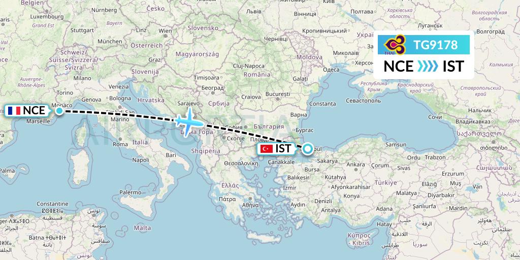 TG9178 Thai Airways Flight Map: Nice to Istanbul