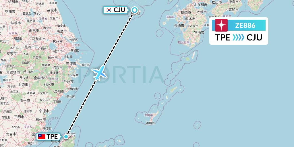 ZE886 Eastar Jet Flight Map: Taipei to Jeju