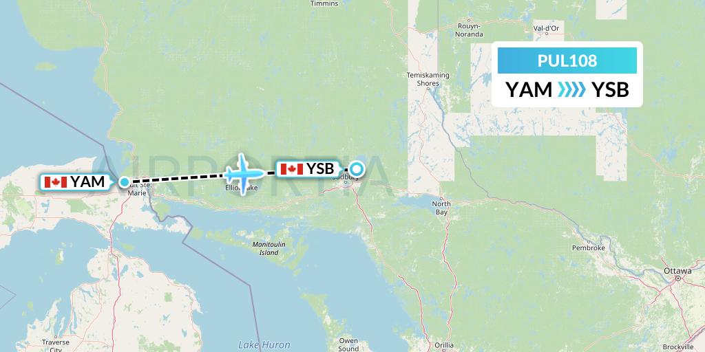 PUL108 Ornge Air Flight Map: Sault Ste. Marie to Sudbury