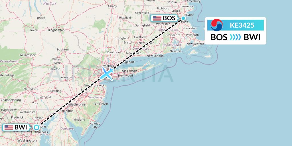 KE3425 Korean Air Flight Map: Boston to Baltimore