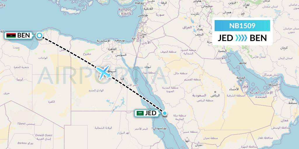 NB1509 Berniq Airways Flight Map: Jeddah to Benghazi