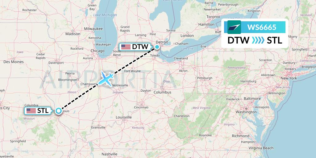 WS6665 WestJet Flight Map: Detroit to St. Louis
