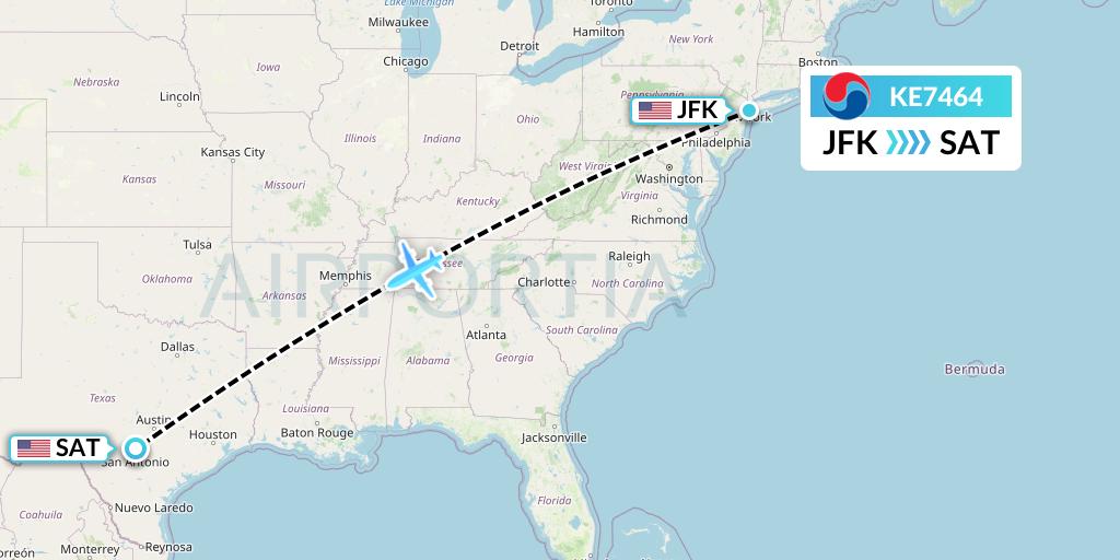 KE7464 Korean Air Flight Map: New York to San Antonio