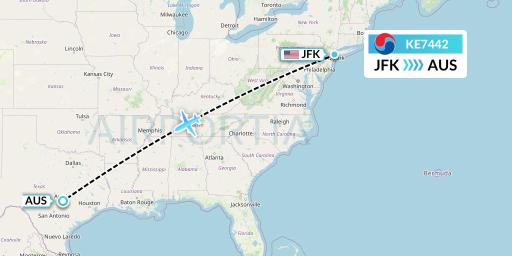 KE7442 Korean Air Flight Map: New York to Austin
