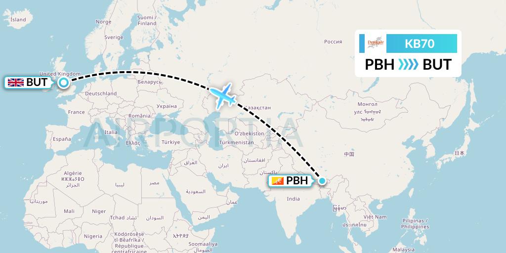 KB70 Druk Air Flight Map: Paro to Burtonwood