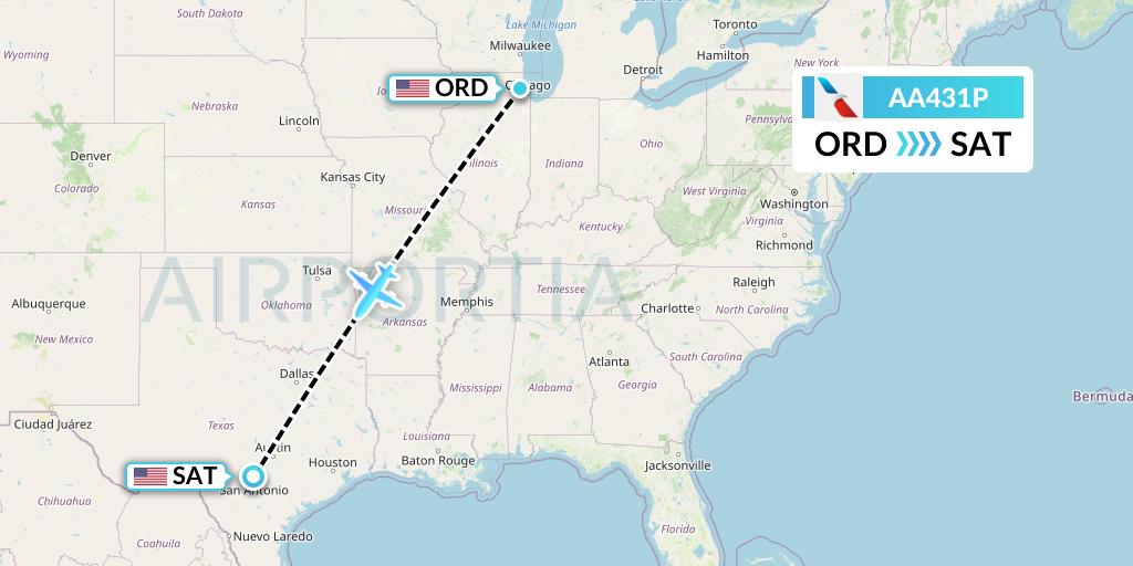 AA431P American Airlines Flight Map: Chicago to San Antonio